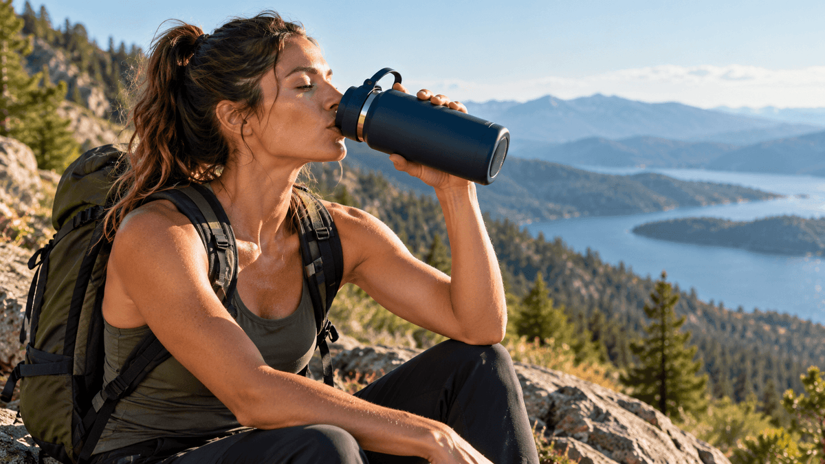 Hiker drinking out of a bottle while sat down on the side of a hill.