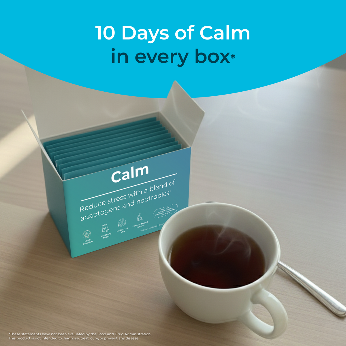 Tea box labeled 'Calm' with a cup of tea on a table