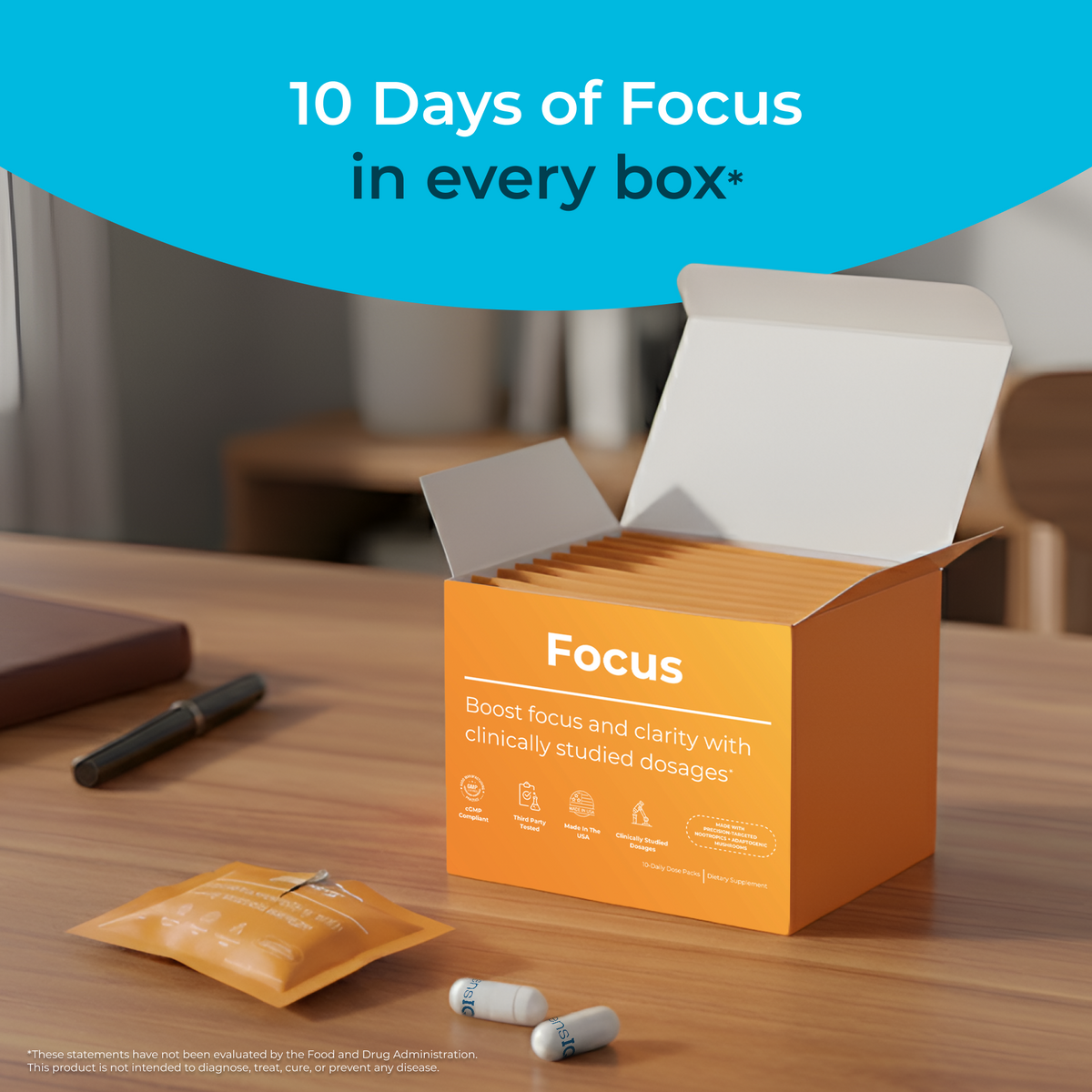 Orange 'Focus' box with packets and capsules on a wooden surface, with text about 10 days of focus.