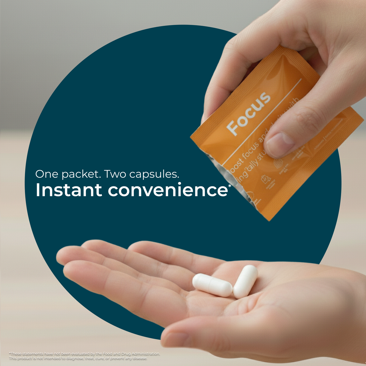 Hand holding a 'Focus' supplement packet with two capsules on an open palm, against a blue circle background.