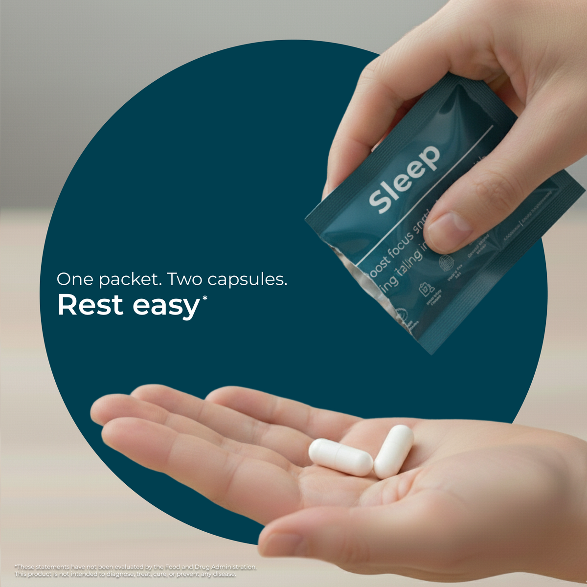 Hand holding a 'Sleep' packet with two capsules on an open palm against a blue circle background.