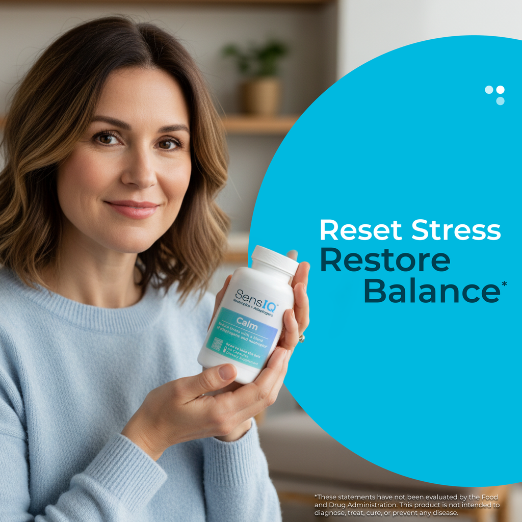 Woman holding a supplement bottle with 'Sensio' branding, text 'Reset Stress Restore Balance' on a blue circle.