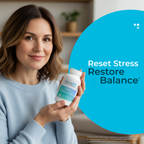 Woman holding a supplement bottle with 'Sensio' branding, text 'Reset Stress Restore Balance' on a blue circle.