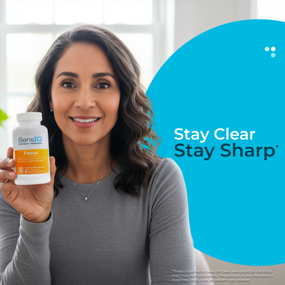 Woman holding a supplement bottle with 'Stay Clear Stay Sharp' text in the background