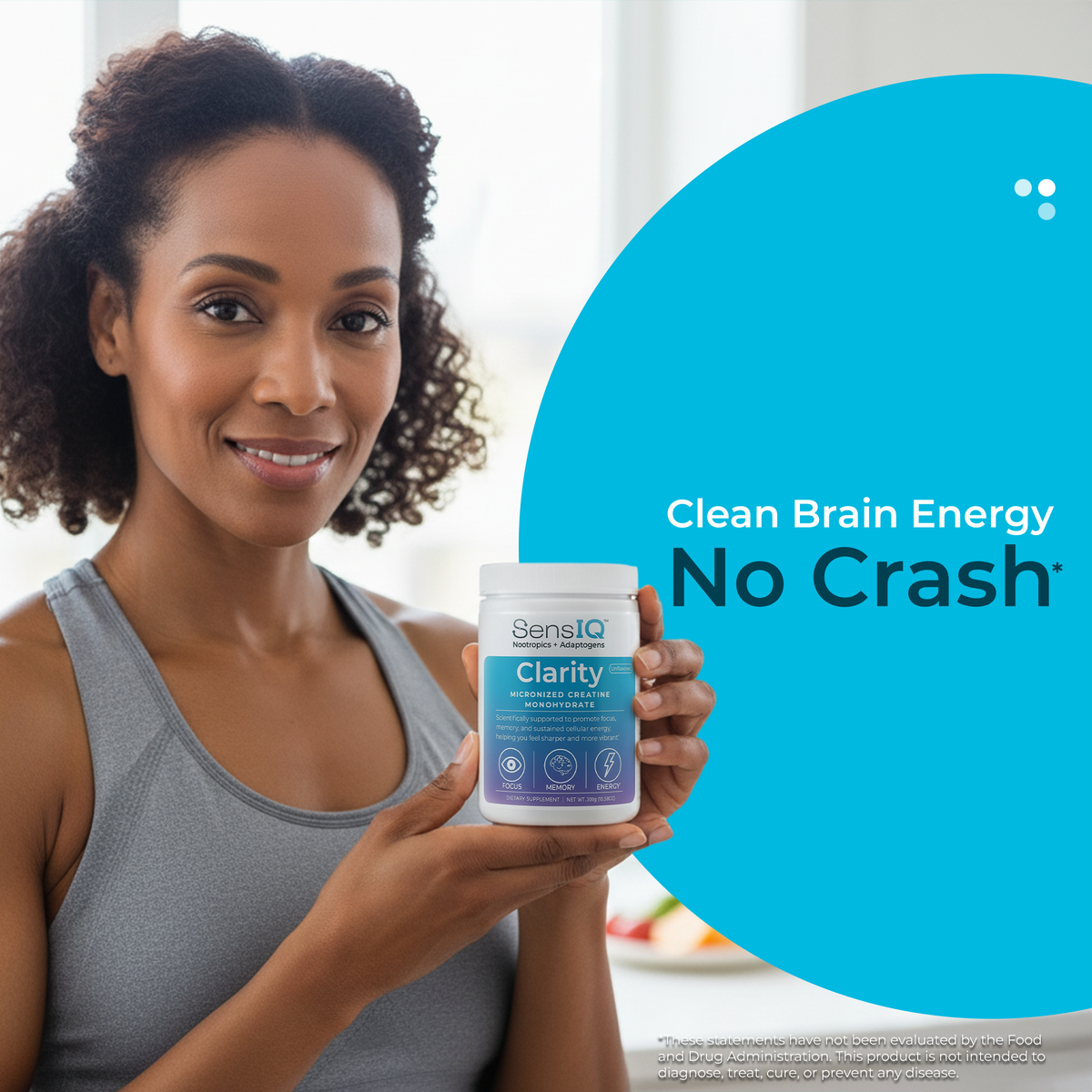 Woman holding a supplement container with 'Clean Brain Energy No Crash' text on a blue circle.