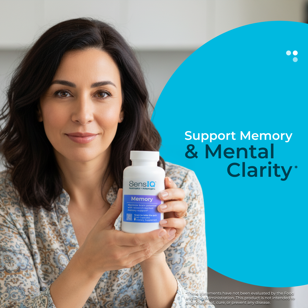 Woman holding a bottle of SensiQ Memory supplement with a blue circle in the background.