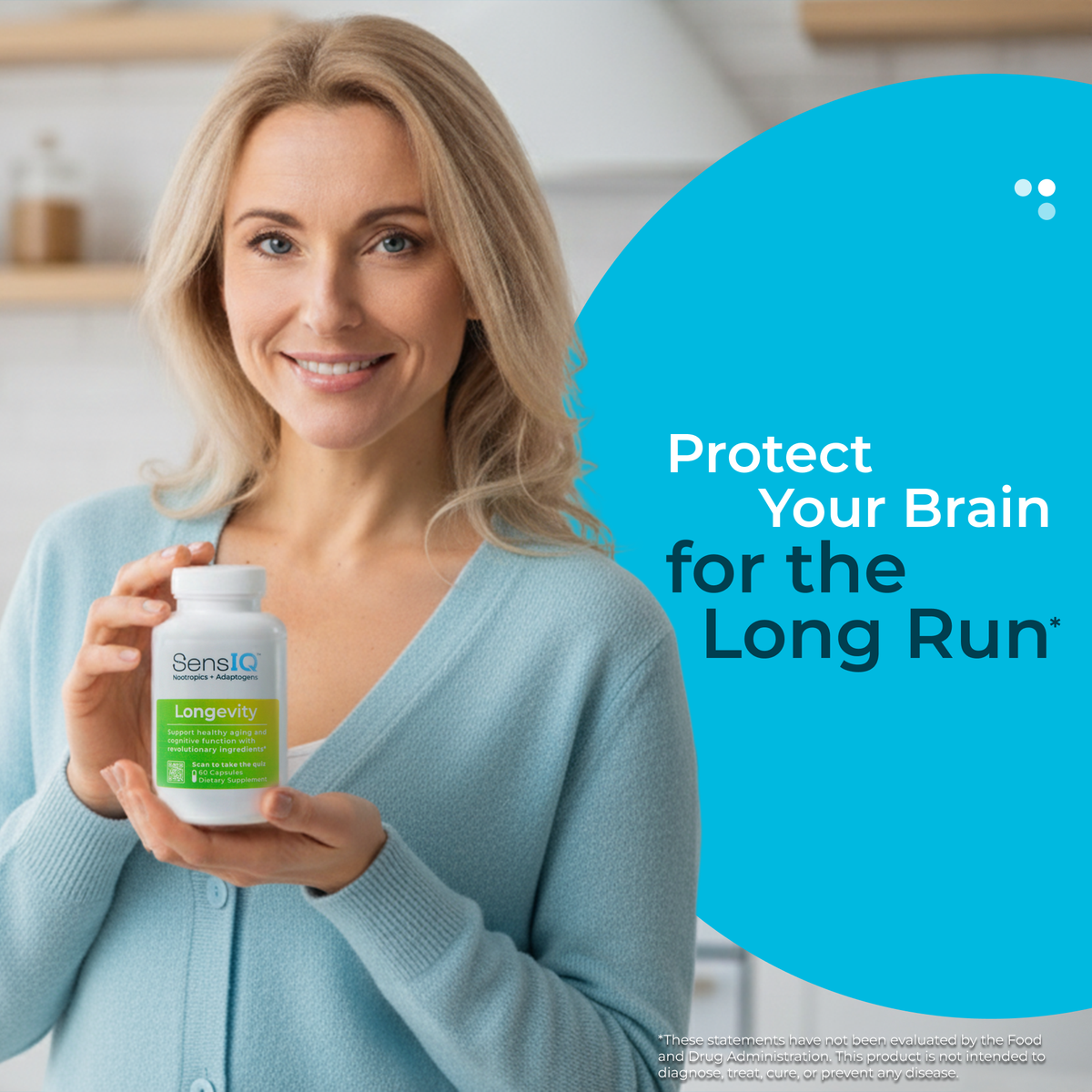 Woman holding a supplement bottle with text 'Protect Your Brain for the Long Run' on a blue background