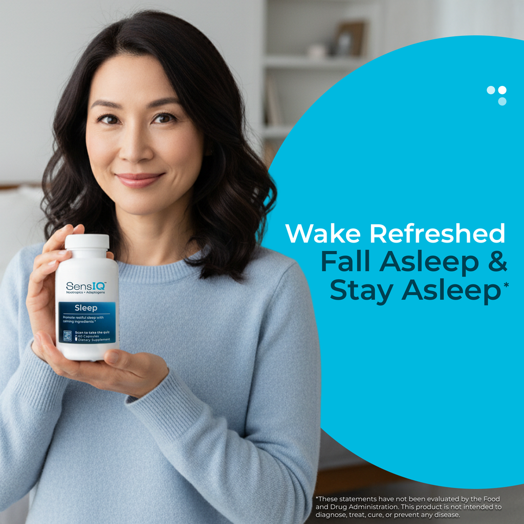 Woman holding a bottle of Benia IQ Sleep supplement with promotional text on a blue circle.