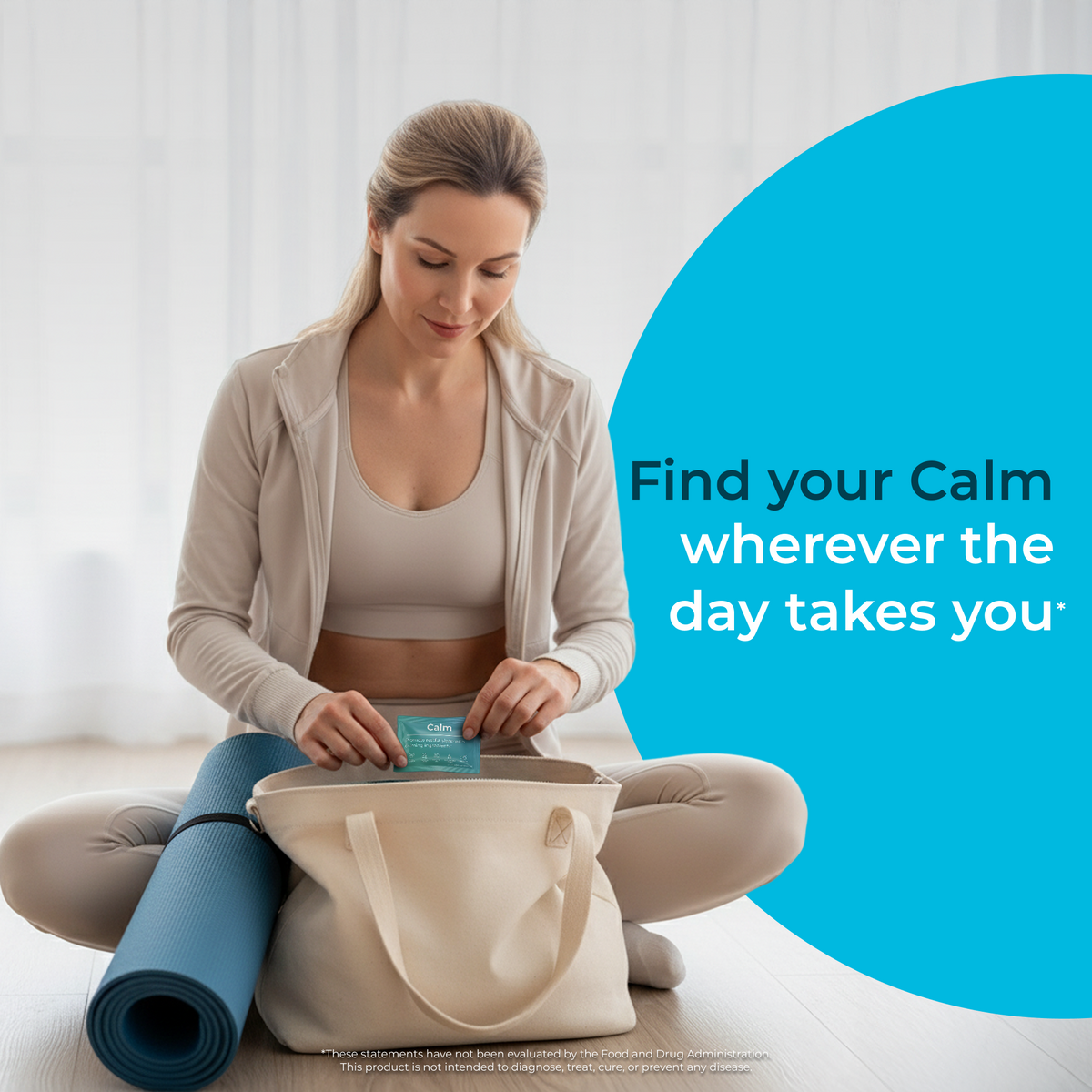 Woman sitting on a yoga mat with a tote bag, holding a product, with text 'Find your Calm wherever the day takes you' on a blue circle.