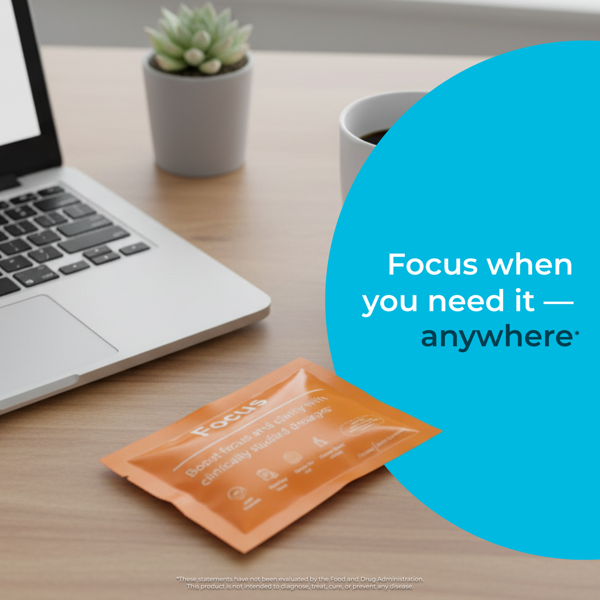 Orange packet on a desk with laptop, mug, and plant, featuring text 'Focus when you need it - anywhere'.