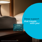 Sleep support package on a nightstand with a blue circle and text overlay.
