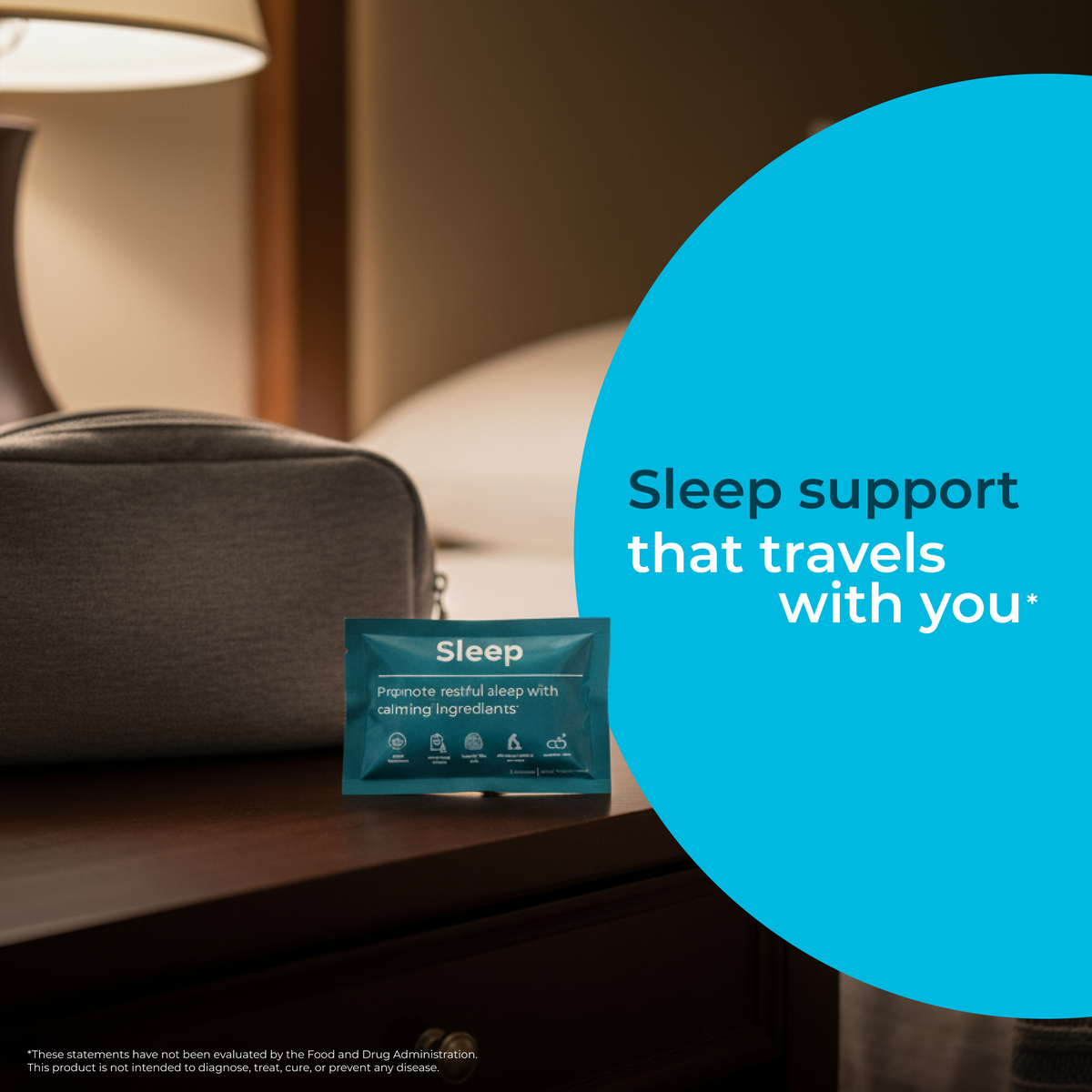 Sleep support package on a nightstand with a blue circle and text overlay.