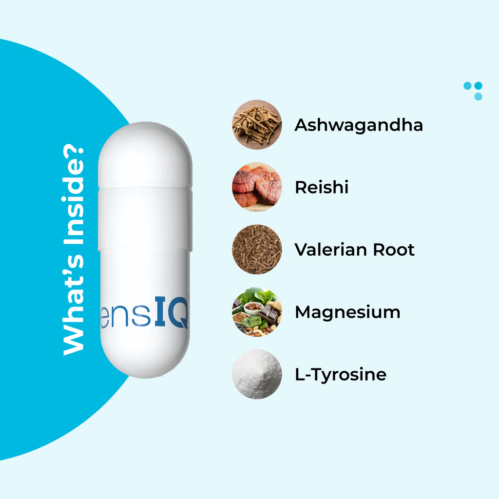 Supplement capsule with ingredients listed on a light blue background