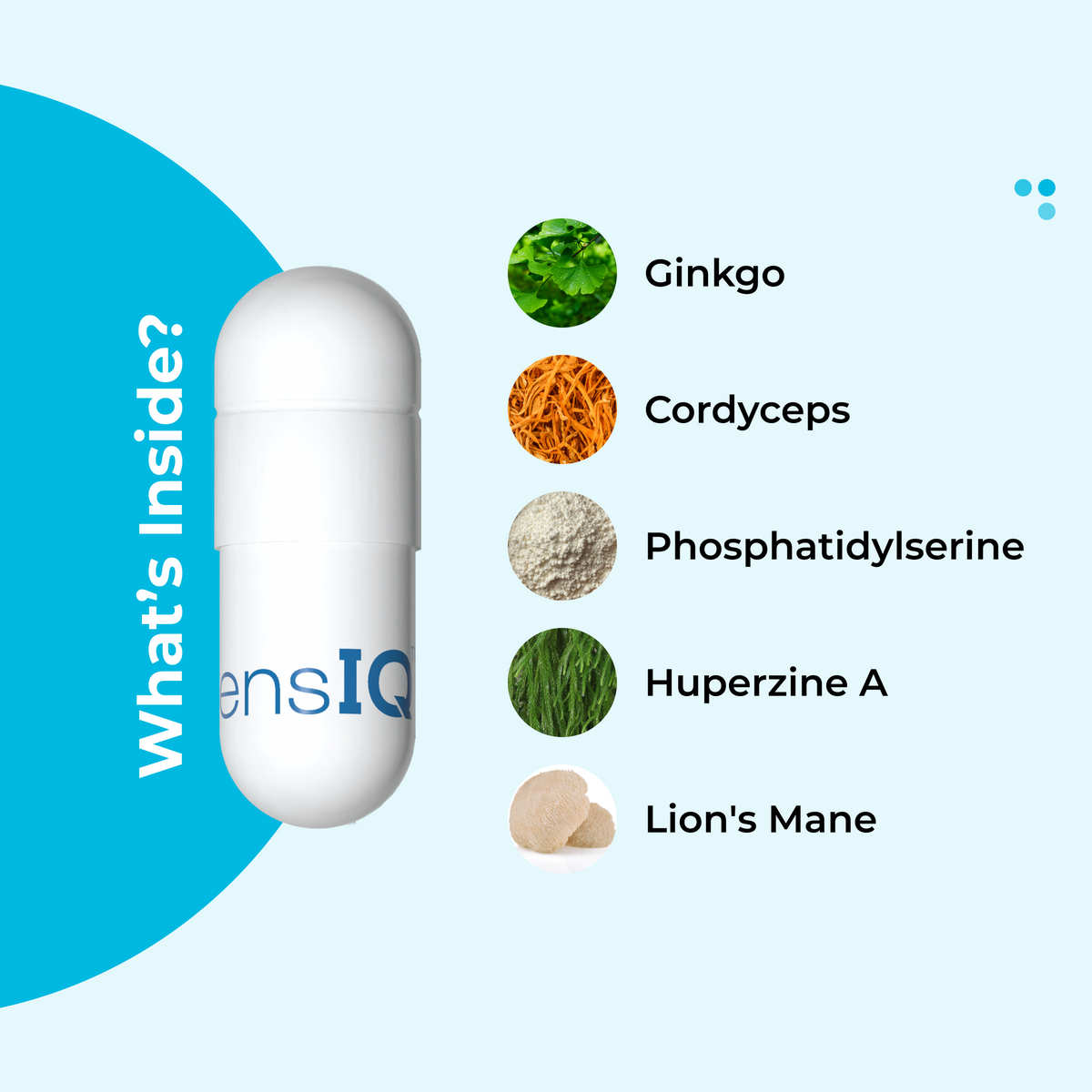 Vitamins or supplements with ingredients listed on a light blue background