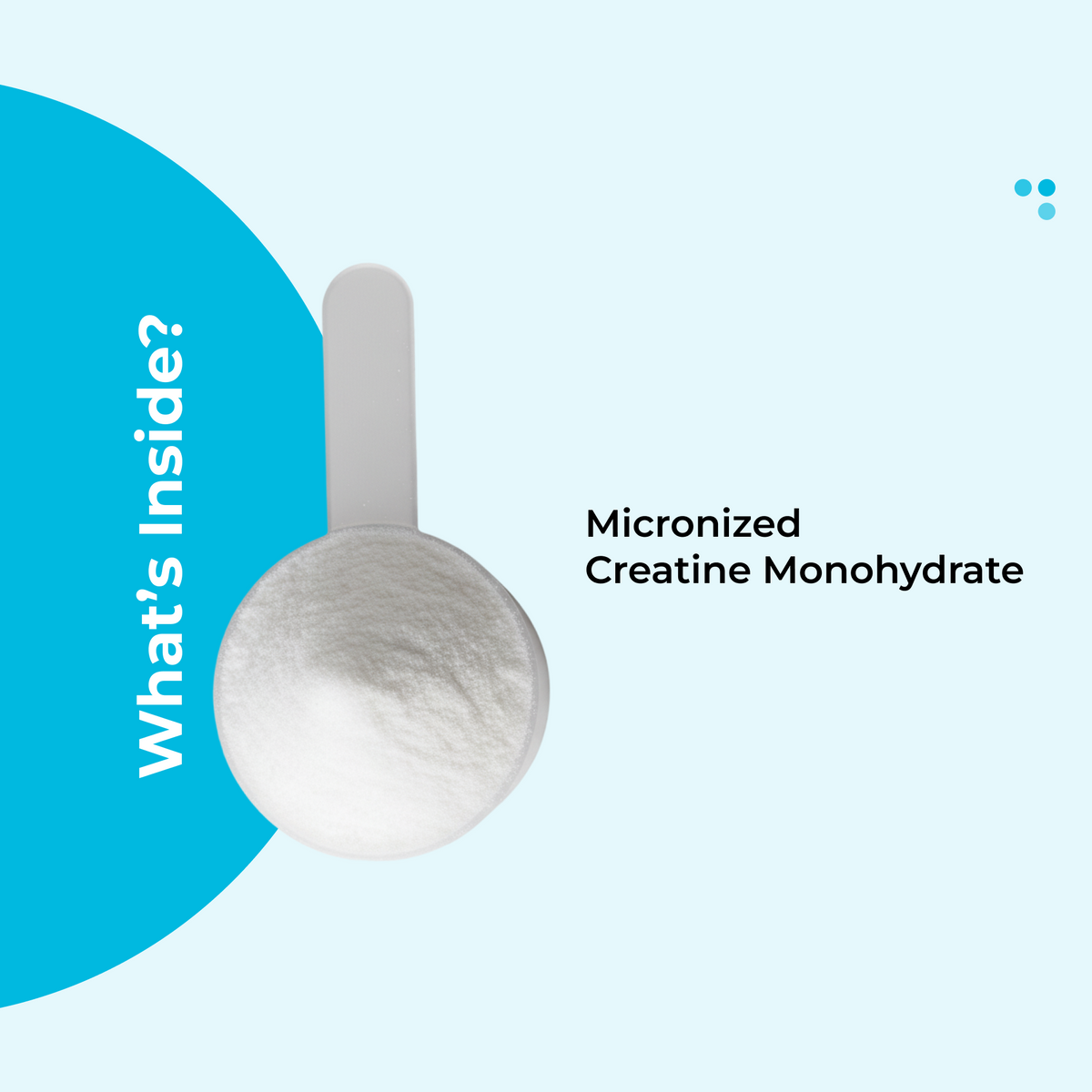 Pouch with a scoop of micronized creatine monohydrate on a light blue background