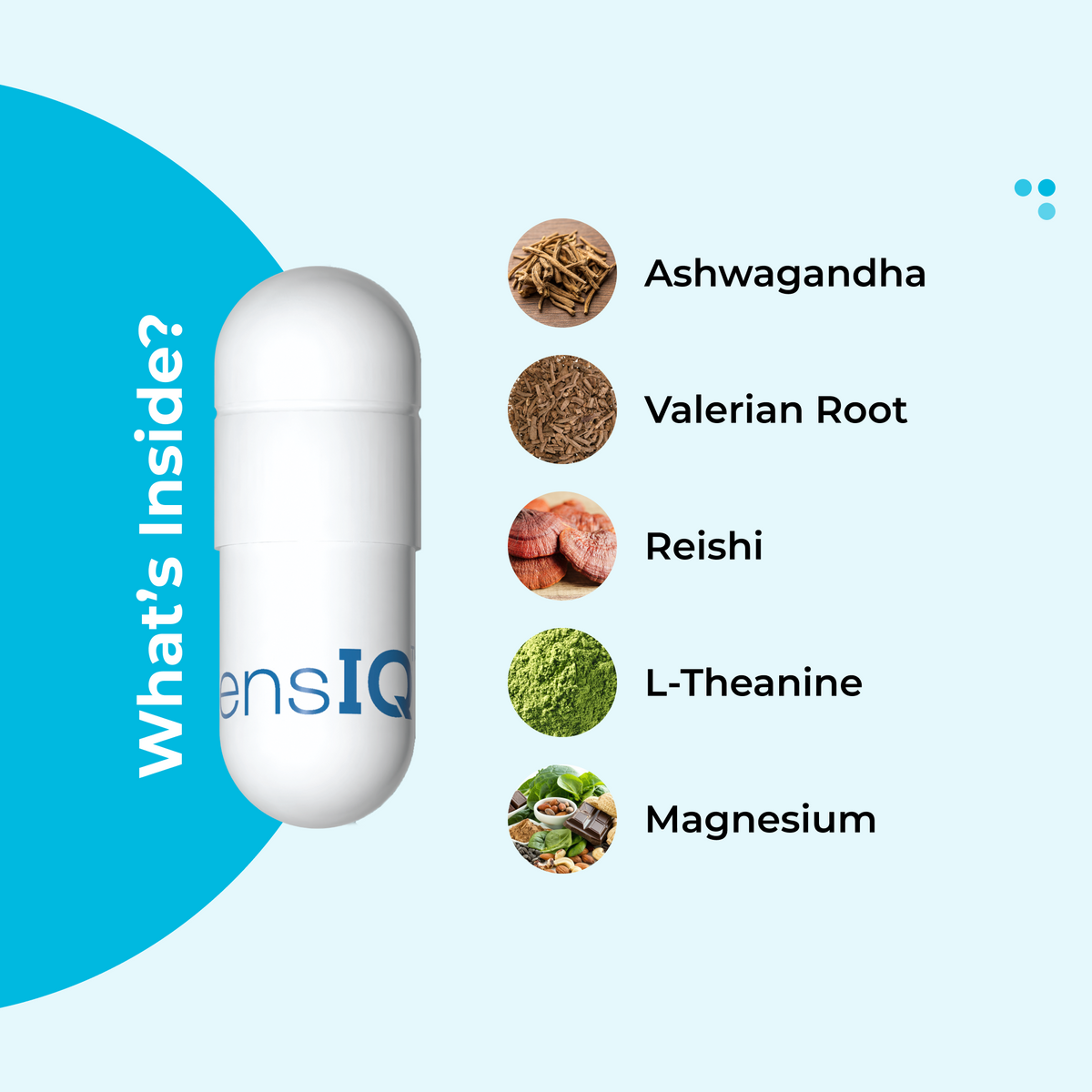 Enzymes IQ supplement capsule with ingredients listed on a light blue background