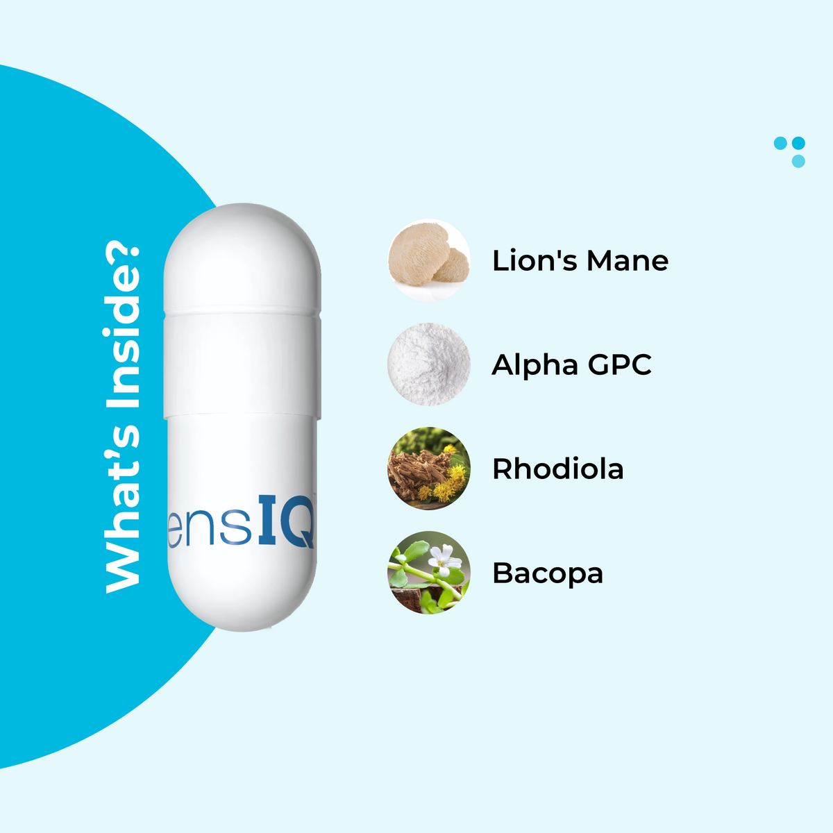 Vitamins or supplements container with ingredients listed on a light blue background