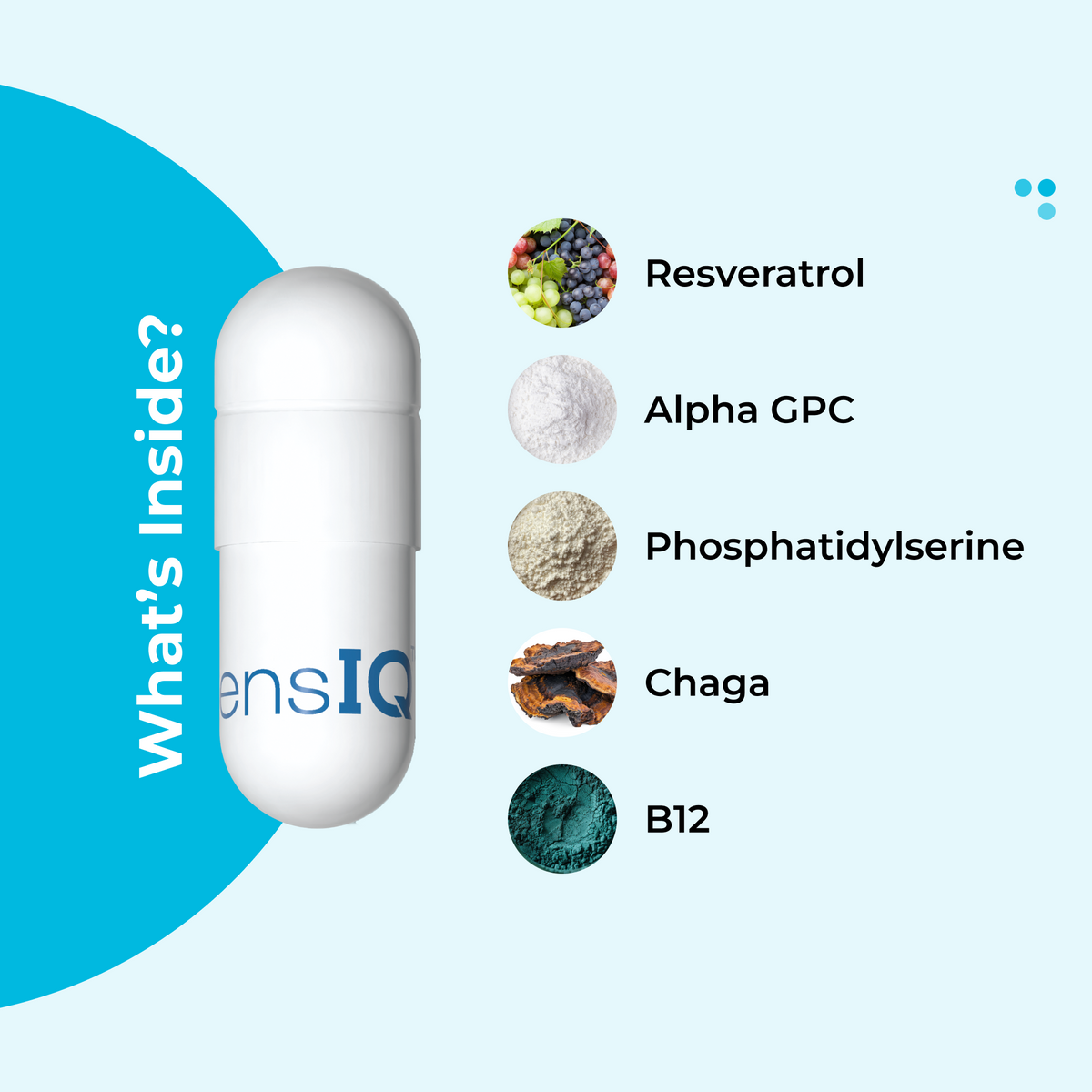 Vitamins or supplements with ingredients listed on a light blue background