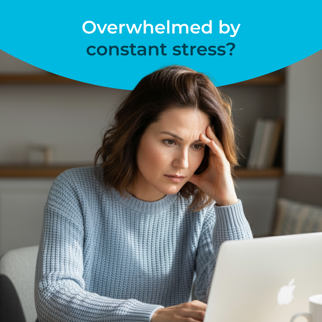 Woman sitting at a laptop with text 'Overwhelmed by constant stress?' on a blue background
