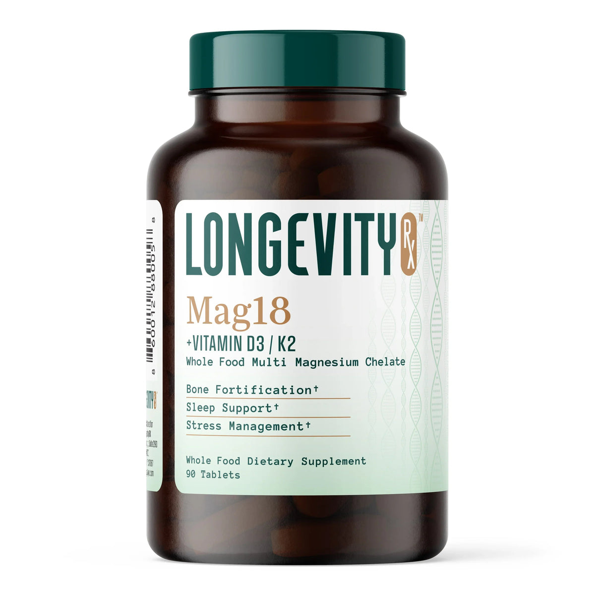 A bottle of Longevity Mag18 dietary supplement, featuring a dark amber brown bottle, a dark teal cap, and a white label with teal and gold text.