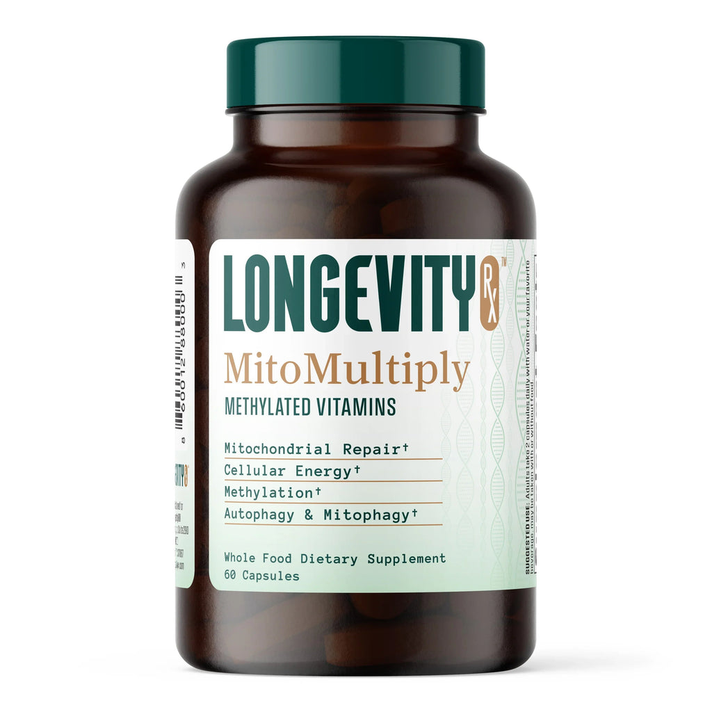 A bottle of Longevity MitoMultiply Methylated Vitamins dietary supplement, featuring a dark amber brown bottle with a dark green cap and a white label with green and gold text.
