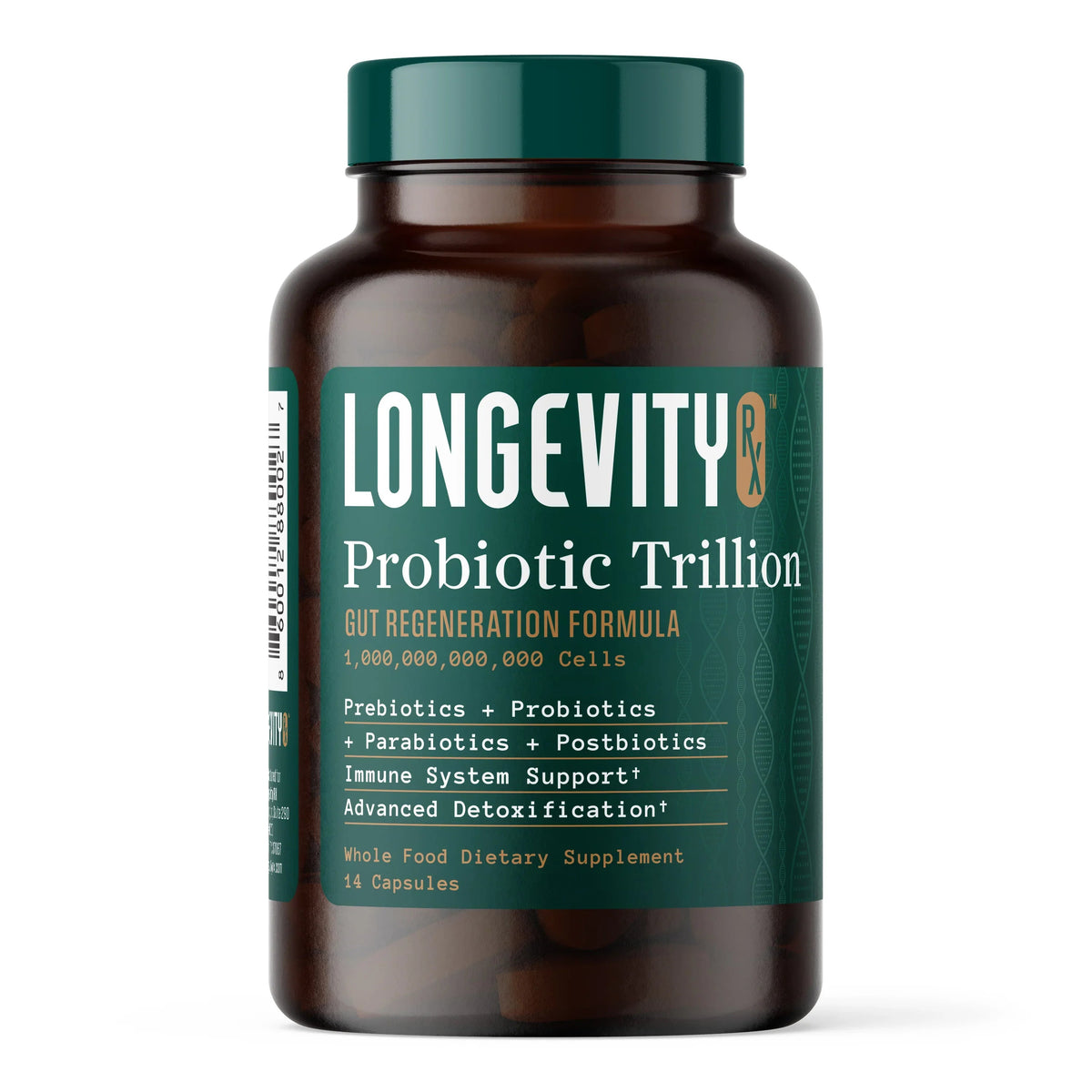 A bottle of Longevity Probiotic Trillion dietary supplement on a plain white background. The product is in a dark amber brown bottle with a dark green cap and a dark green label featuring white and gold text.