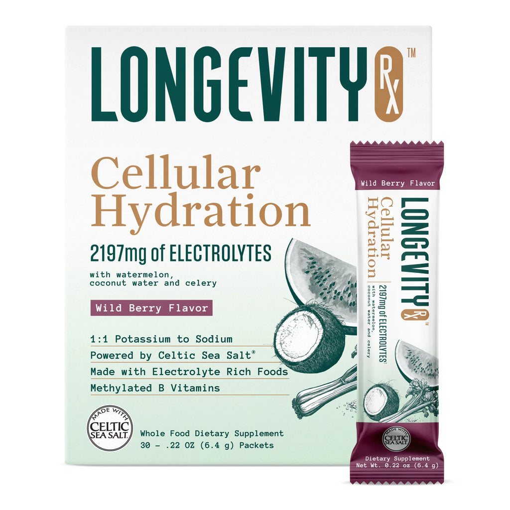Longevity Cellular Hydration dietary supplement box with a single wrapped packet shown beside it on a plain white background. The package is white with dark teal text, tan typography, and berry-flavor graphics, including a small bottle illustration and electrolyte callout.