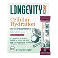 Longevity Cellular Hydration dietary supplement box with a single wrapped packet shown beside it on a plain white background. The package is white with dark teal text, tan typography, and berry-flavor graphics, including a small bottle illustration and electrolyte callout.