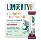 Longevity Cellular Hydration dietary supplement box with a single wrapped packet shown beside it on a plain white background. The package is white with dark teal text, tan typography, and berry-flavor graphics, including a small bottle illustration and electrolyte callout.