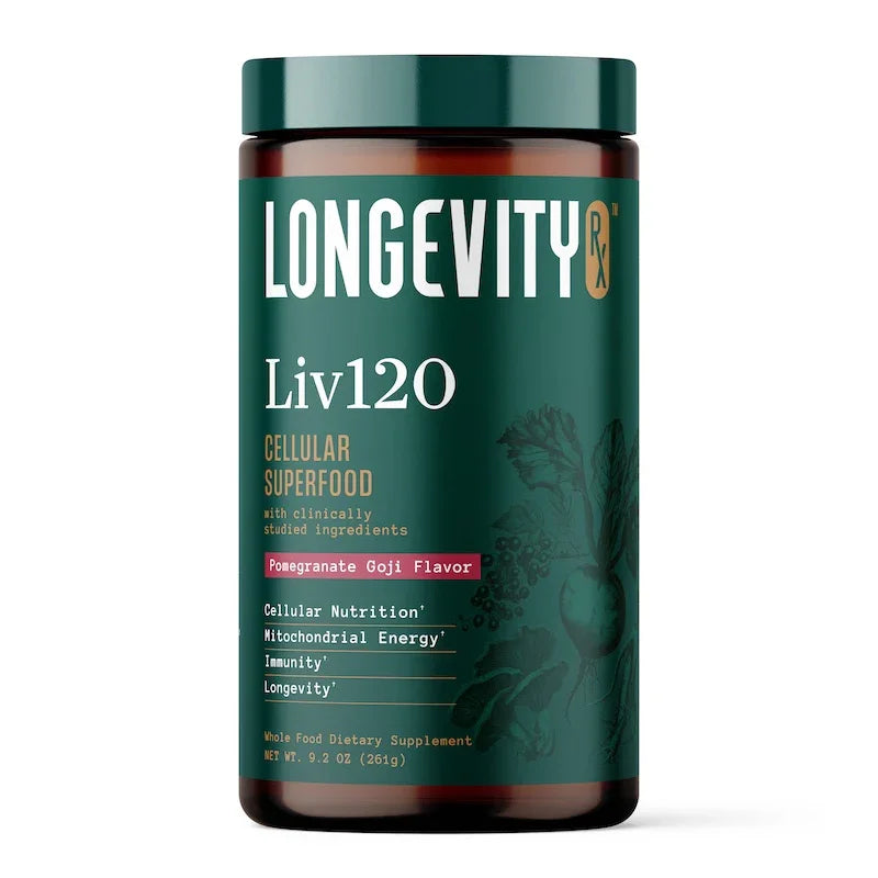 A bottle of Longevity Liv120 Cellular Superfood dietary supplement, featuring a dark green label and cap on a white background.