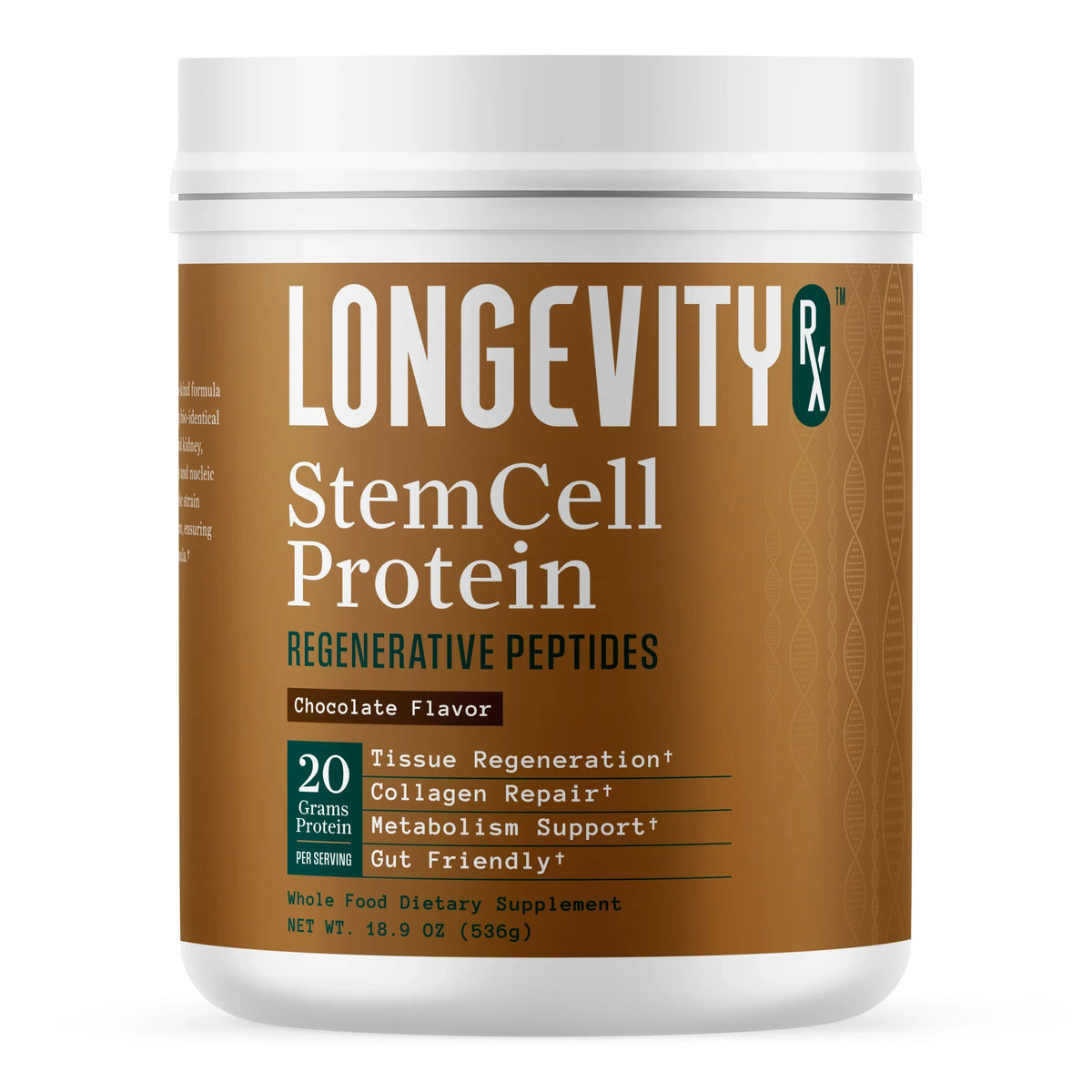 A white plastic tub of Longevity Rx StemCell Protein dietary supplement with a brown label, shown on a plain white background.