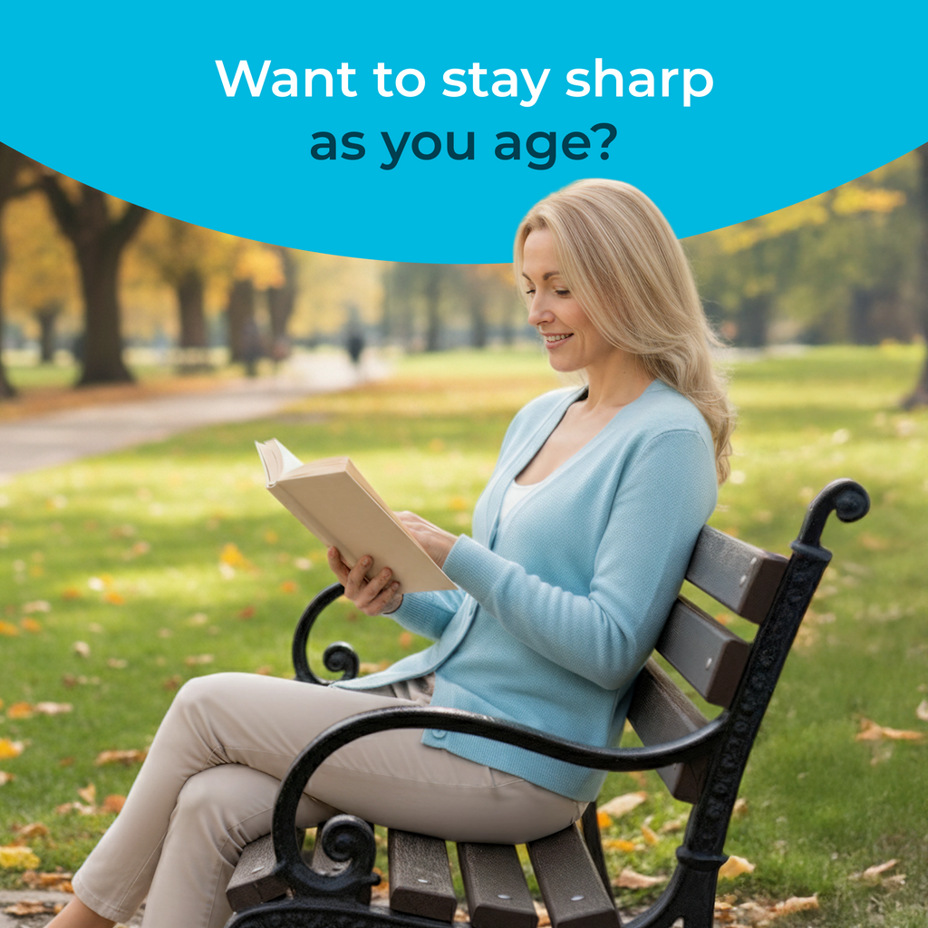 Woman reading a book on a park bench with a blue overlay and text.