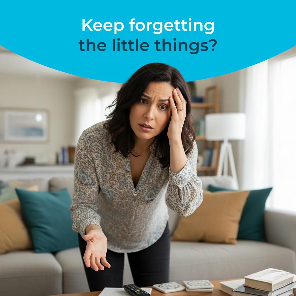 Woman in a living room with text 'Keep forgetting the little things?'