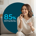 Woman holding a glass of water with a blue circle displaying text about stress reduction.