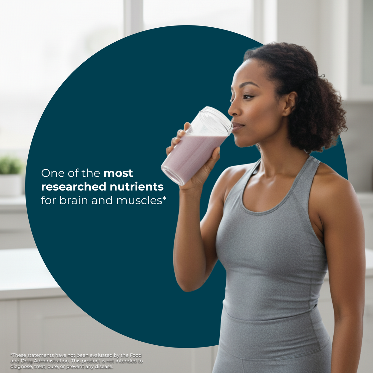 Woman drinking a protein shake with text about nutrients in a bright room.