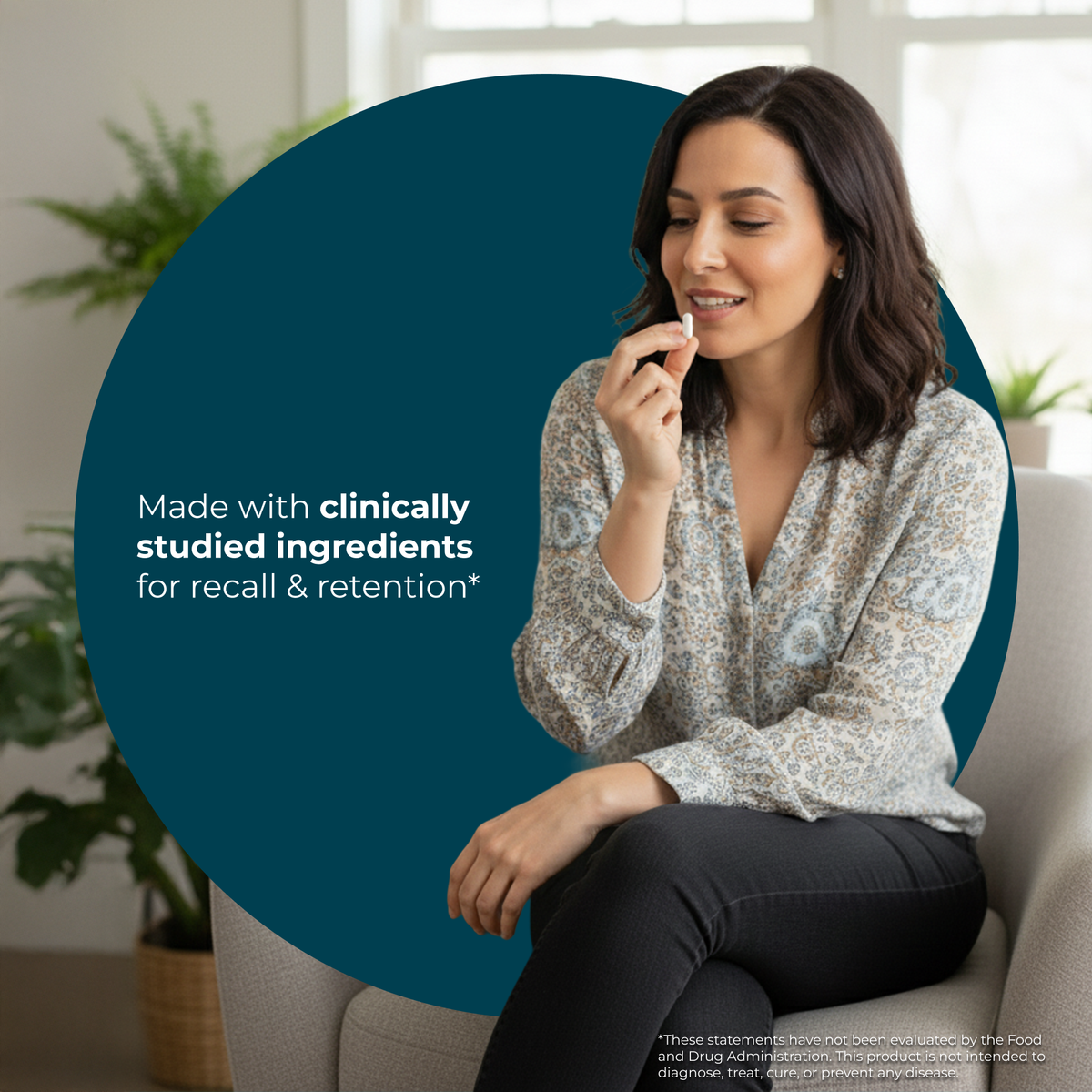Woman sitting on a couch with a blue circle overlay containing text about clinically studied ingredients.