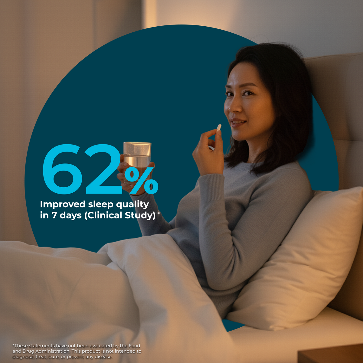 Woman lying in bed with a pillow and blanket, holding a product with text about improved sleep quality.