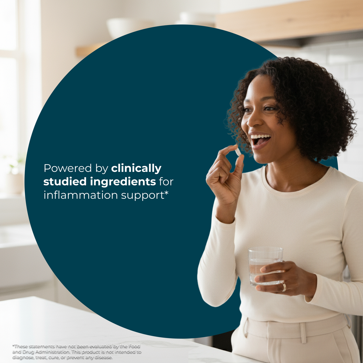 Woman holding a glass of water with a blue circle and text about clinically studied ingredients for inflammation support.