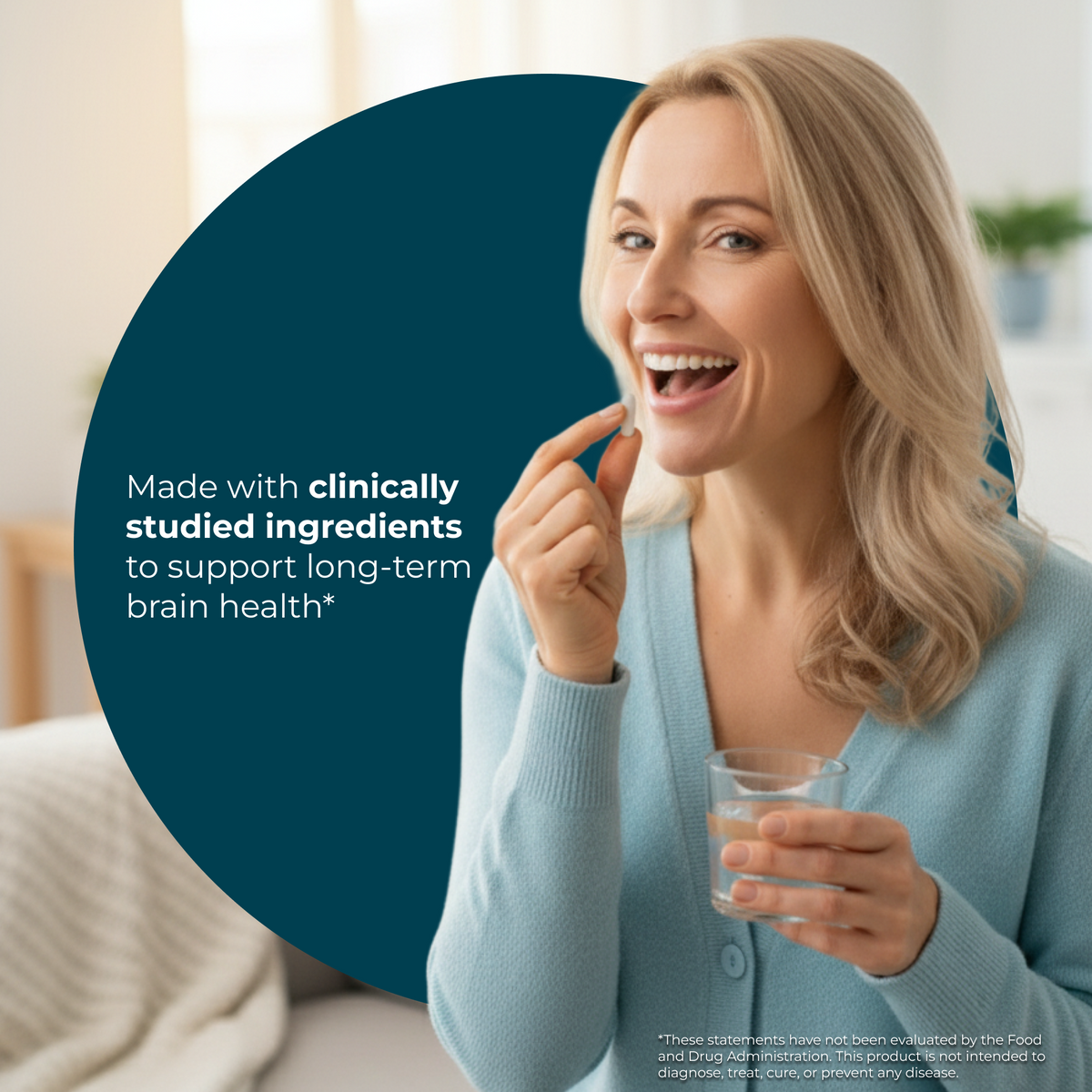 Woman brushing her teeth with a glass of water, surrounded by text about brain health.