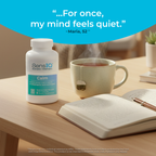 SensIQ Calm supplement bottle on a table with a cup of tea and open book, featuring a quote from Maria.