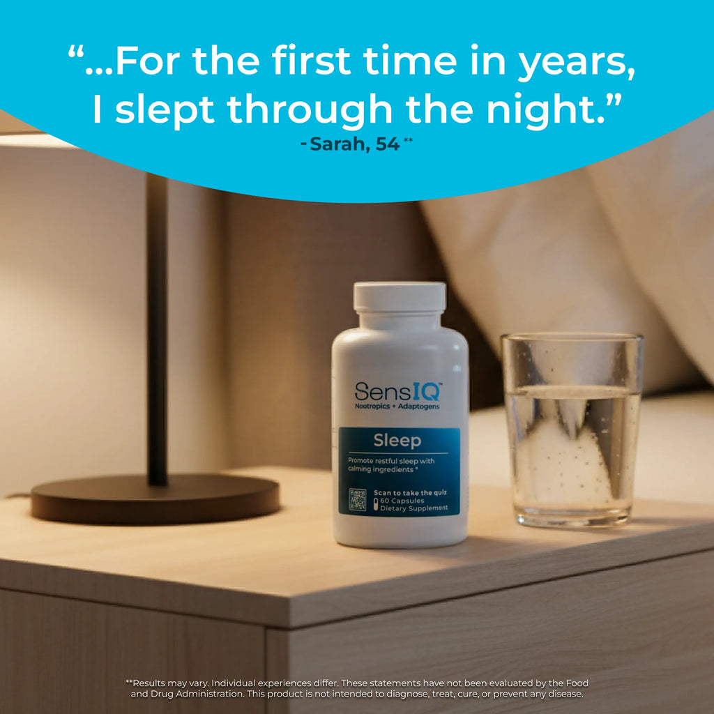 SensIQ Sleep supplement bottle on a nightstand with a glass of water and a quote from Sarah, 54.