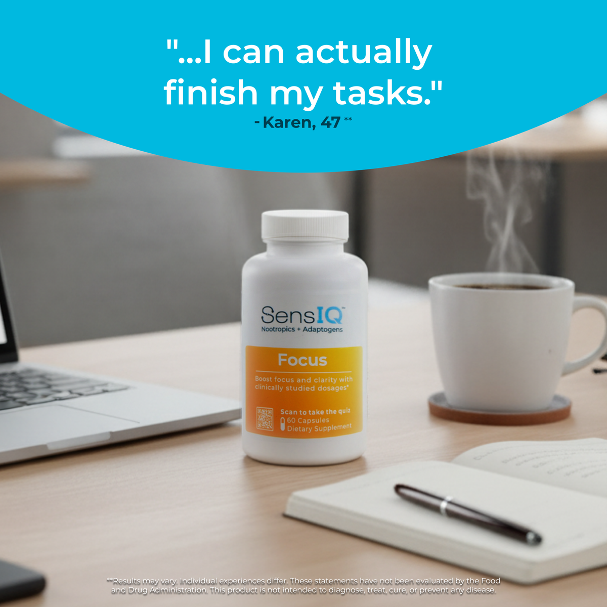 SensIQ Focus supplement bottle on a desk with a laptop, coffee, and notebook.
