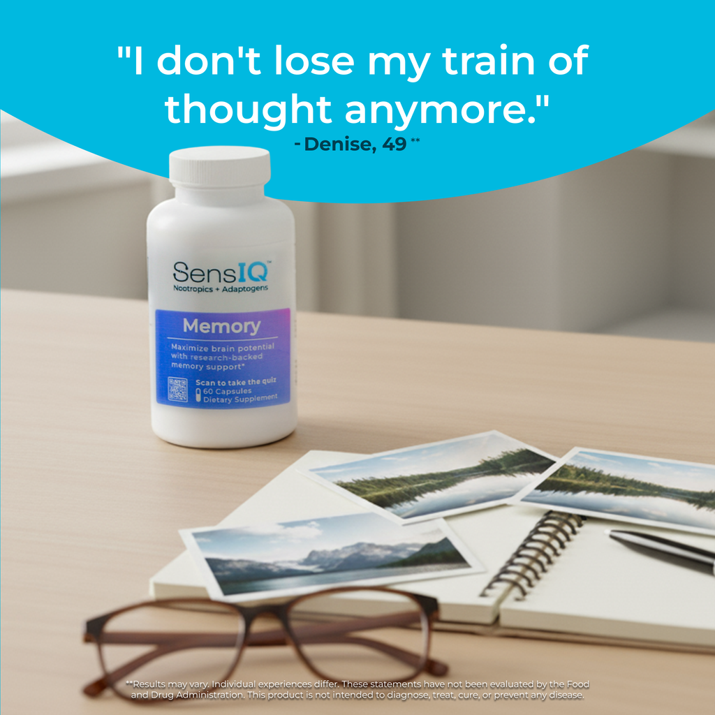 SensIQ Memory supplement bottle on a table with photos and glasses, featuring a quote from Denise.