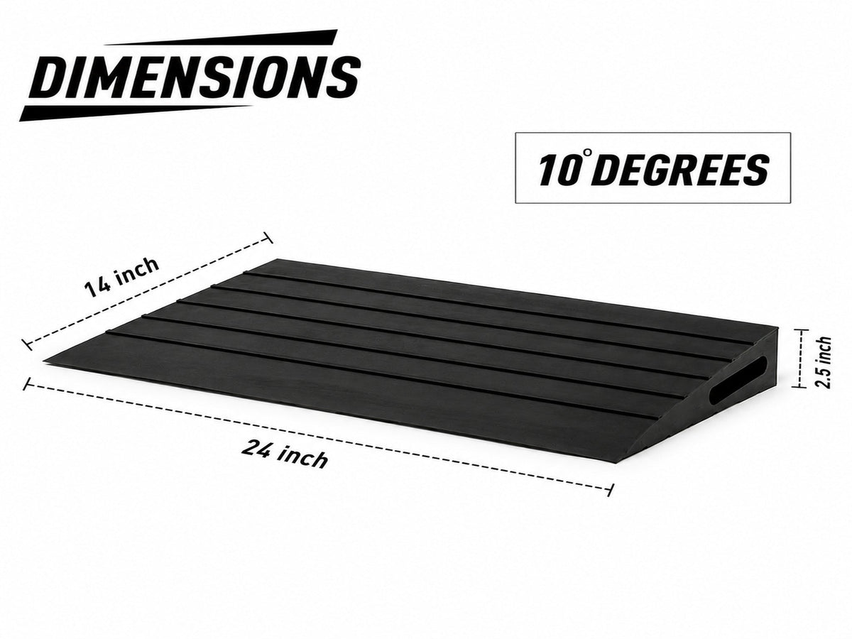 Black textured ramp mat with dimension annotations showing 14-inch width, 24-inch length, and 2.5-inch height, labeled as a 10-degree slope on a white background.
