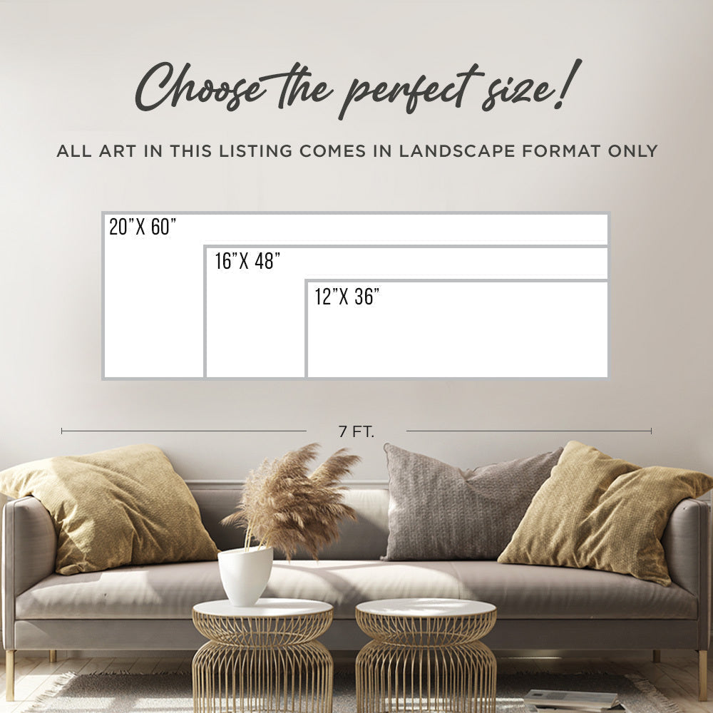 Living room with a sofa, coffee table, and decorative items, featuring a wall art size chart.