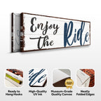Decorative sign with 'Enjoy the Ride' text on a white background, featuring quality assurances.