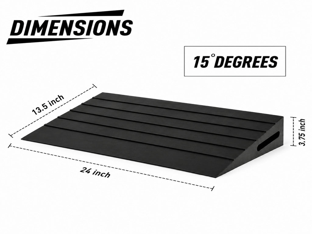 Black wedge ramp shown on a white background with dimension labels indicating 13.5 inch width, 24 inch length, 3.