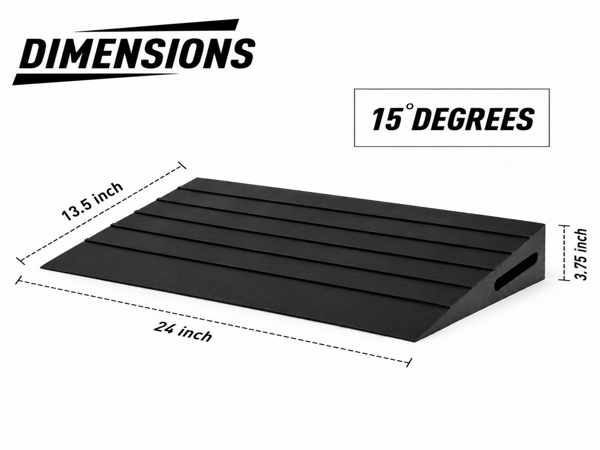Black wedge ramp shown on a white background with dimension labels indicating 13.5 inch width, 24 inch length, 3.
