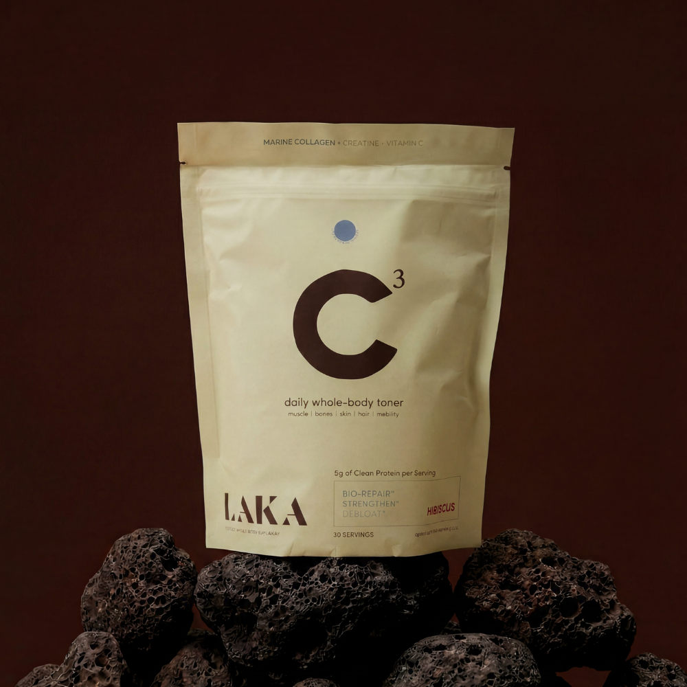 LAKA C3 product packaging on a dark background with volcanic rocks