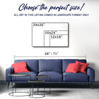 Blue sofa with red pillows and a wall art size chart in a room setting.